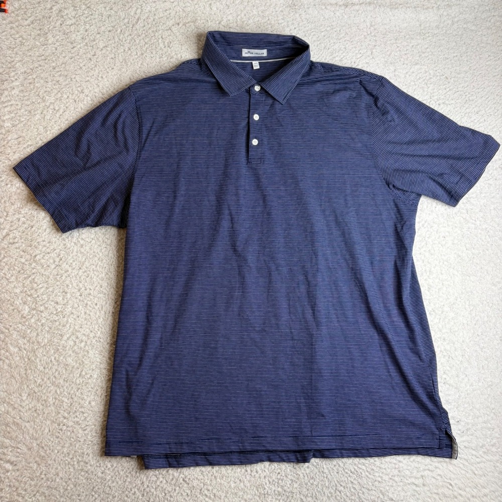 Peter Millar Mens XXL Blue White Striped Pima Cotton Silk Polo Shirt MS20K20